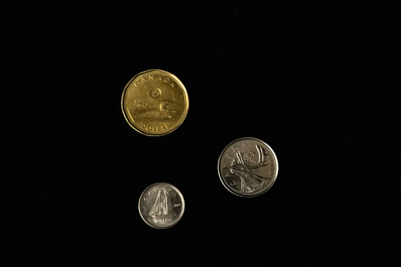Canadian loonie, quarter, and dime.